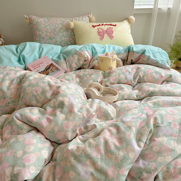 91家纺网 家纺一手货源 找家纺 丽涵家纺 2025新款全棉纯棉双层纱色织水洗棉毛巾绣四件套 球球款花花兔-豆绿