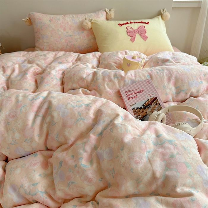 91家纺网 家纺一手货源 找家纺 丽涵家纺 2025新款全棉纯棉双层纱色织水洗棉毛巾绣四件套 球球款花花兔-粉色