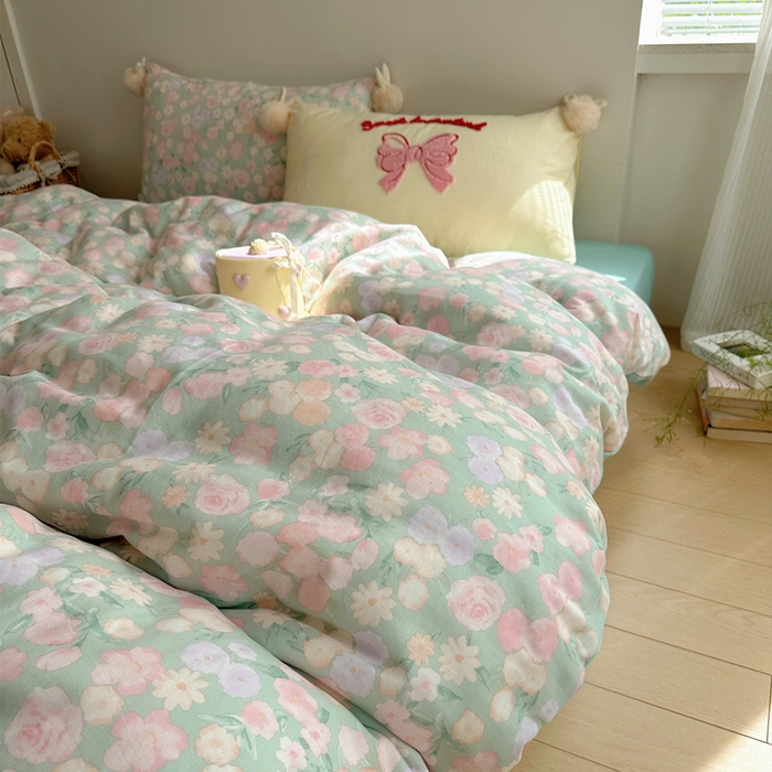 91家纺网 家纺一手货源 找家纺 丽涵家纺 2025新款全棉纯棉双层纱色织水洗棉毛巾绣四件套 球球款花花兔-豆绿