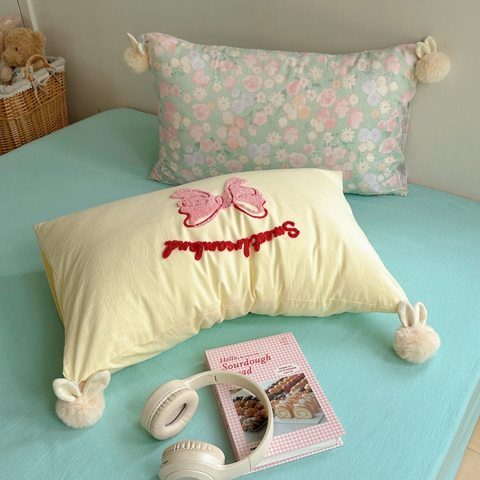 91家纺网 家纺一手货源 找家纺 丽涵家纺 2025新款全棉纯棉双层纱色织水洗棉毛巾绣四件套 球球款花花兔-豆绿