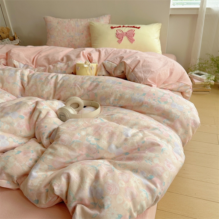 91家纺网 家纺一手货源 找家纺 丽涵家纺 2025新款全棉纯棉双层纱色织水洗棉毛巾绣四件套 花花兔-粉色