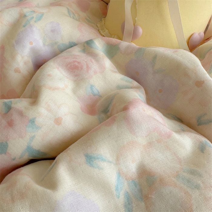 91家纺网 家纺一手货源 找家纺 丽涵家纺 2025新款全棉纯棉双层纱色织水洗棉毛巾绣四件套 花花兔-奶黄