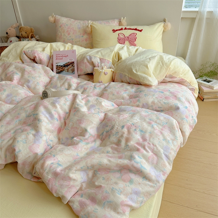 91家纺网 家纺一手货源 找家纺 丽涵家纺 2025新款全棉纯棉双层纱色织水洗棉毛巾绣四件套 球球款花花兔-奶黄