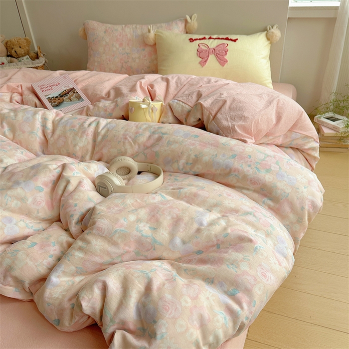 91家纺网 家纺一手货源 找家纺 丽涵家纺 2025新款全棉纯棉双层纱色织水洗棉毛巾绣四件套 球球款花花兔-粉色