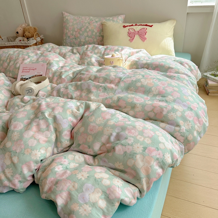 91家纺网 家纺一手货源 找家纺 丽涵家纺 2025新款全棉纯棉双层纱色织水洗棉毛巾绣四件套 花花兔-豆绿