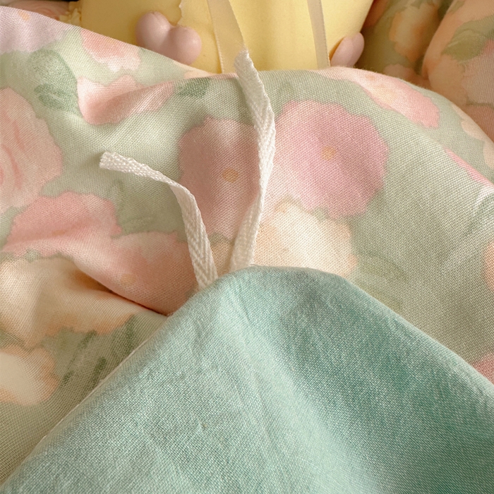 91家纺网 家纺一手货源 找家纺 丽涵家纺 2025新款全棉纯棉双层纱色织水洗棉毛巾绣四件套 花花兔-豆绿