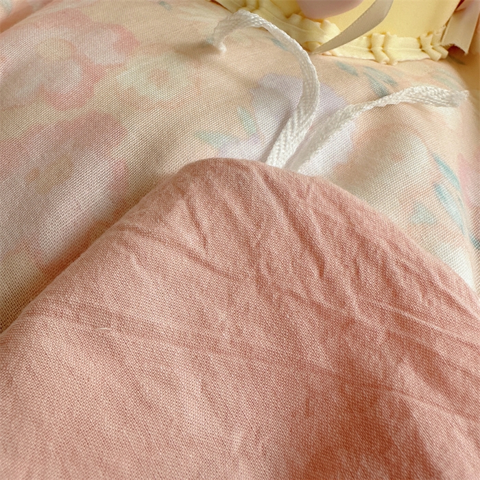 91家纺网 家纺一手货源 找家纺 丽涵家纺 2025新款全棉纯棉双层纱色织水洗棉毛巾绣四件套 花花兔-粉色