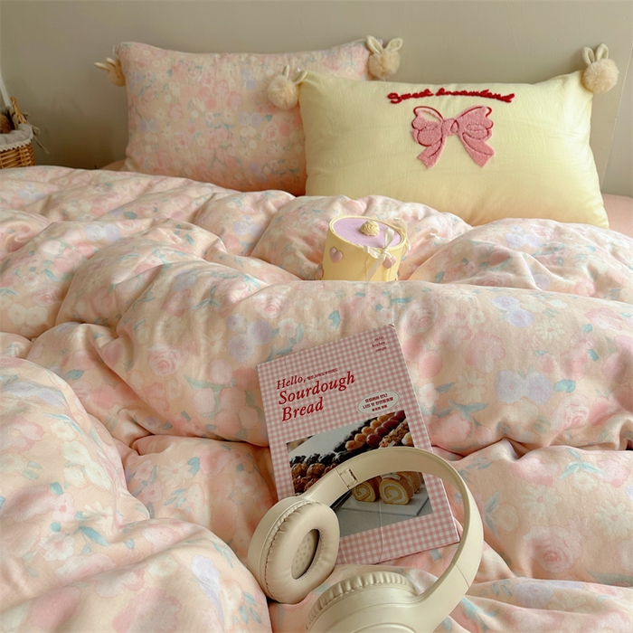 91家纺网 家纺一手货源 找家纺 丽涵家纺 2025新款全棉纯棉双层纱色织水洗棉毛巾绣四件套 球球款花花兔-粉色