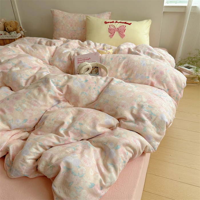 91家纺网 家纺一手货源 找家纺 丽涵家纺 2025新款全棉纯棉双层纱色织水洗棉毛巾绣四件套 花花兔-粉色