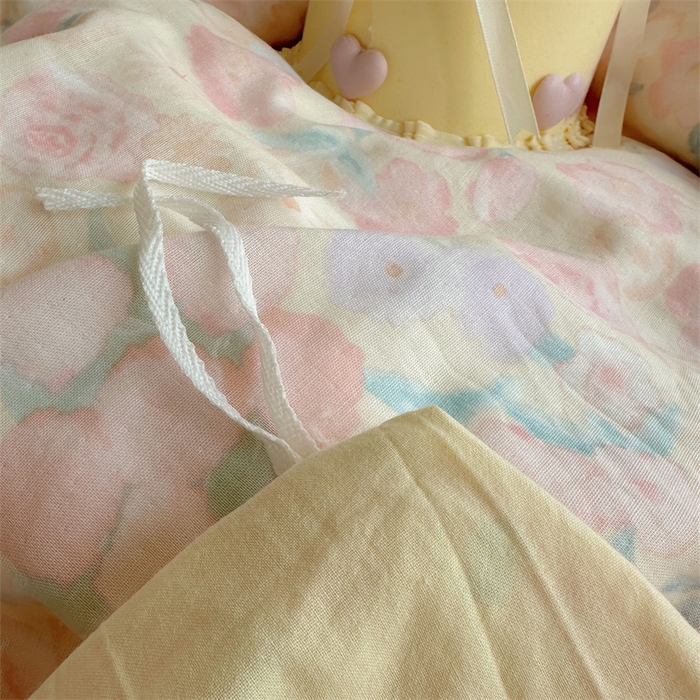 91家纺网 家纺一手货源 找家纺 丽涵家纺 2025新款全棉纯棉双层纱色织水洗棉毛巾绣四件套 花花兔-奶黄