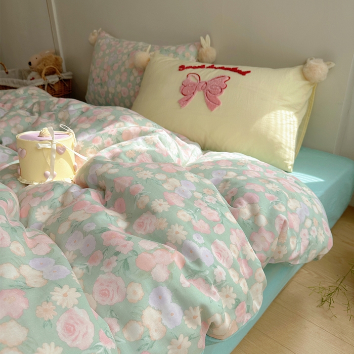 91家纺网 家纺一手货源 找家纺 丽涵家纺 2025新款全棉纯棉双层纱色织水洗棉毛巾绣四件套 球球款花花兔-豆绿