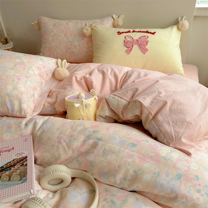 91家纺网 家纺一手货源 找家纺 丽涵家纺 2025新款全棉纯棉双层纱色织水洗棉毛巾绣四件套 球球款花花兔-粉色