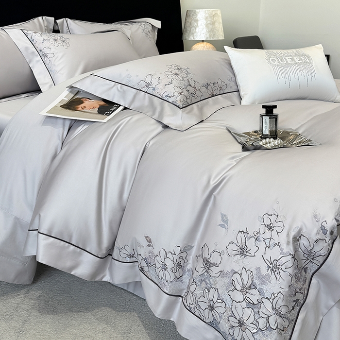 张公子婚庆馆 2025新款140支新疆长绒棉纯棉居家绣花拼角工艺系列四件套—秘境 秘境-云雾灰