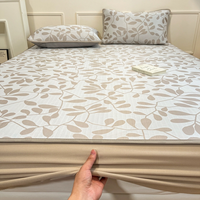 91家纺网 家纺一手货源 找家纺 宜代光年 2025新款冷凝丝可水洗提花凉感席-床笠款 叶繁-咖