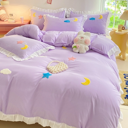 雨菲家纺 2025新款公主风水洗棉四件套-星月 星月紫