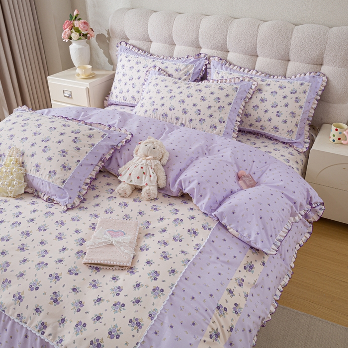 91家纺网 家纺一手货源 找家纺 皇谱家纺 新款韩版欧彩棉四件套磨毛直播爆款专版花型 小岛蔷薇-紫
