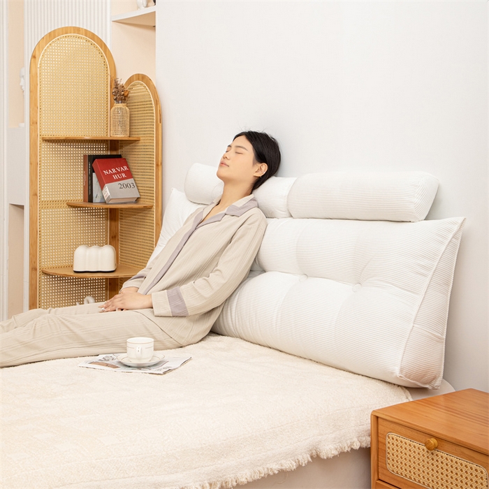 91家纺网 家纺一手货源 找家纺 沐沐家纺 2026新款灯芯绒三角靠背带头枕 白色