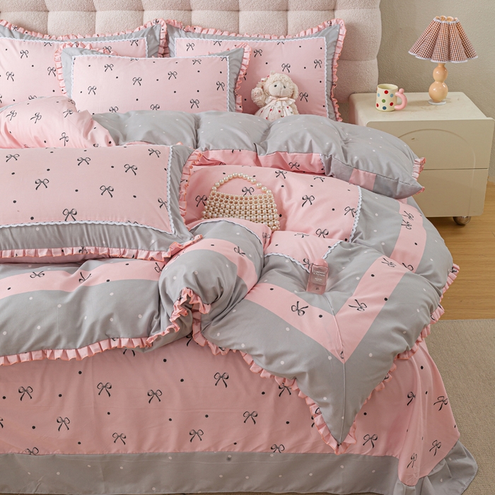 91家纺网 家纺一手货源 找家纺 皇谱家纺 新款韩版欧彩棉四件套磨毛直播爆款专版花型 甜心绑带-粉