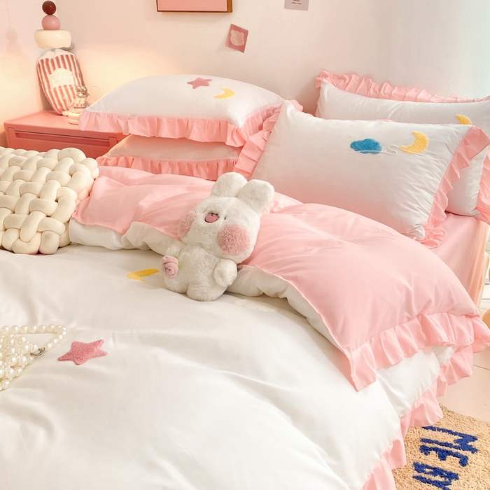 91家纺网 家纺一手货源 找家纺 雨菲家纺 2025新款公主风水洗棉四件套-星月 星月粉白