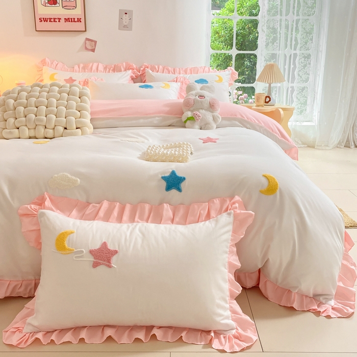 91家纺网 家纺一手货源 找家纺 雨菲家纺 2025新款公主风水洗棉四件套-星月 星月粉白