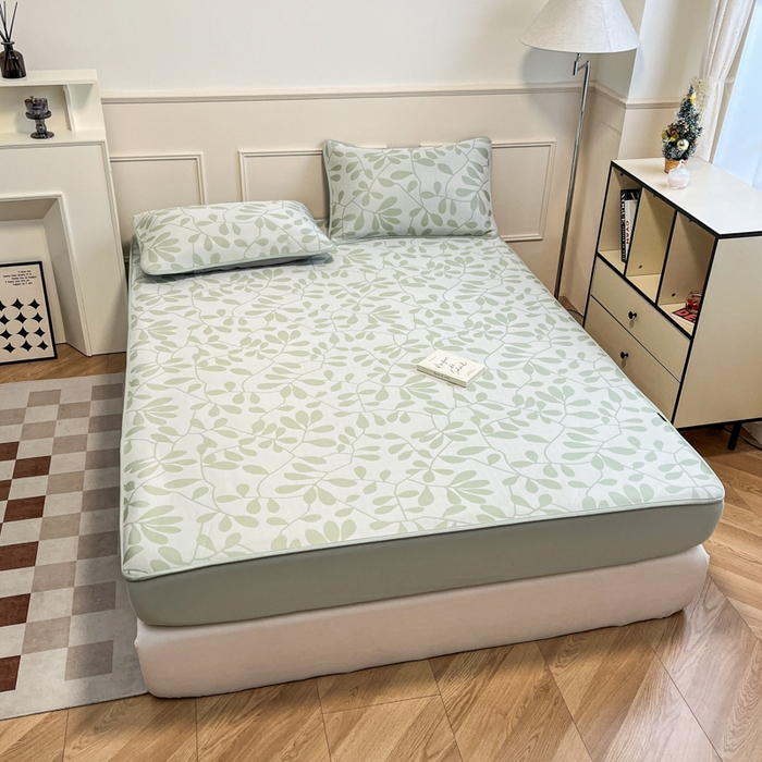 91家纺网 家纺一手货源 找家纺 宜代光年 2025新款冷凝丝可水洗提花凉感席-床笠款 叶繁-绿