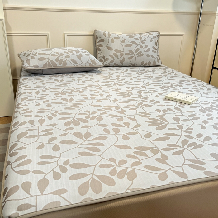 91家纺网 家纺一手货源 找家纺 宜代光年 2025新款冷凝丝可水洗提花凉感席-床笠款 叶繁-咖