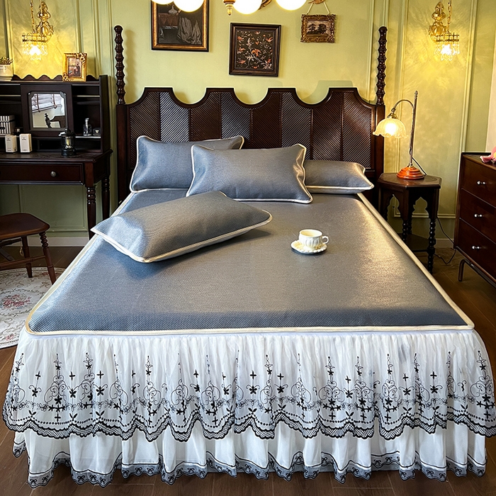 91家纺网 家纺一手货源 找家纺 网红馆（ck家纺） 2025新款可脱卸床裙款冰藤席-盛夏繁星 蓝灰