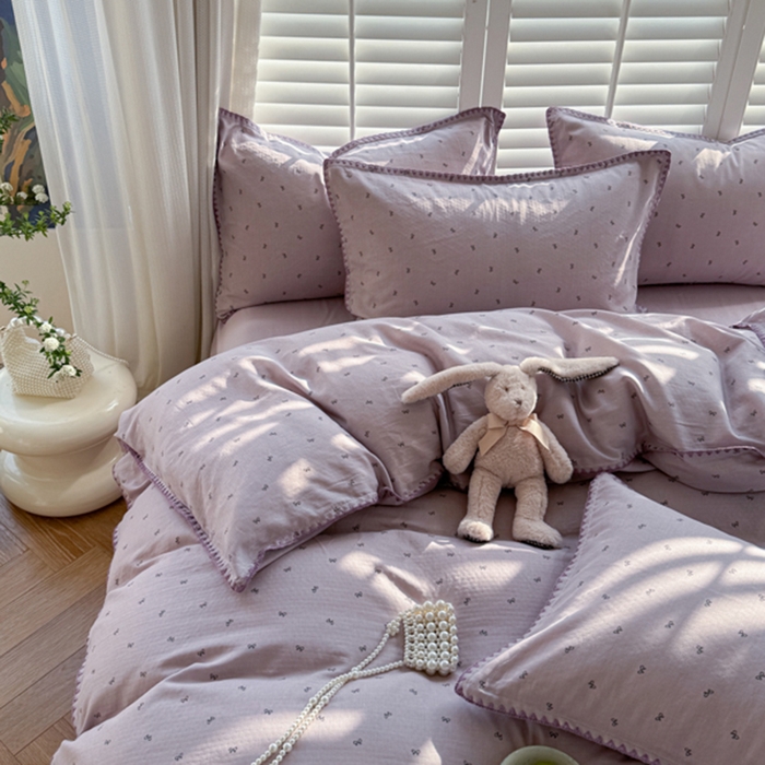 91家纺网 家纺一手货源 找家纺 （总）金丝鸟家纺 2025新款全棉双层纱贝壳边四件套花卉系列