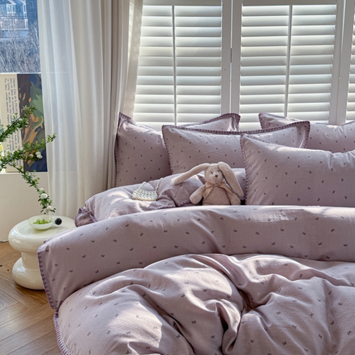 91家纺网 家纺一手货源 找家纺 （总）金丝鸟家纺 2025新款全棉双层纱贝壳边四件套花卉系列