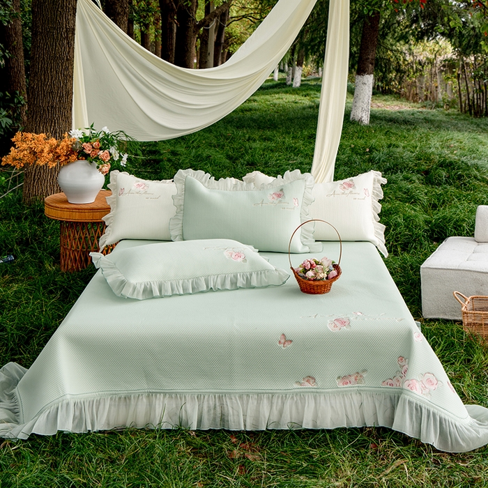 91家纺网 家纺一手货源 找家纺 禾时 2025新款高端A类母婴级加密加厚450g品牌凉感丝啵啵面料床盖三件套夹棉床单 薄荷绿