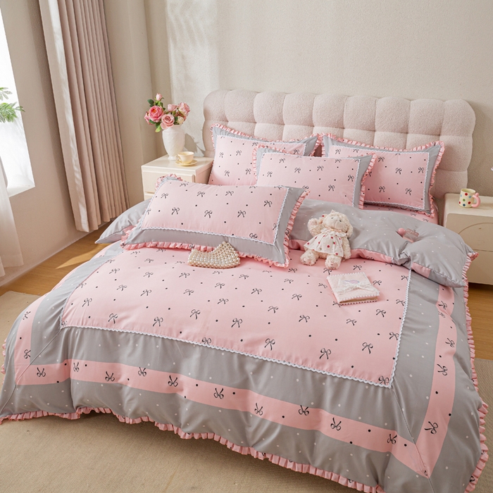 91家纺网 家纺一手货源 找家纺 皇谱家纺 新款韩版欧彩棉四件套磨毛直播爆款专版花型 甜心绑带-粉