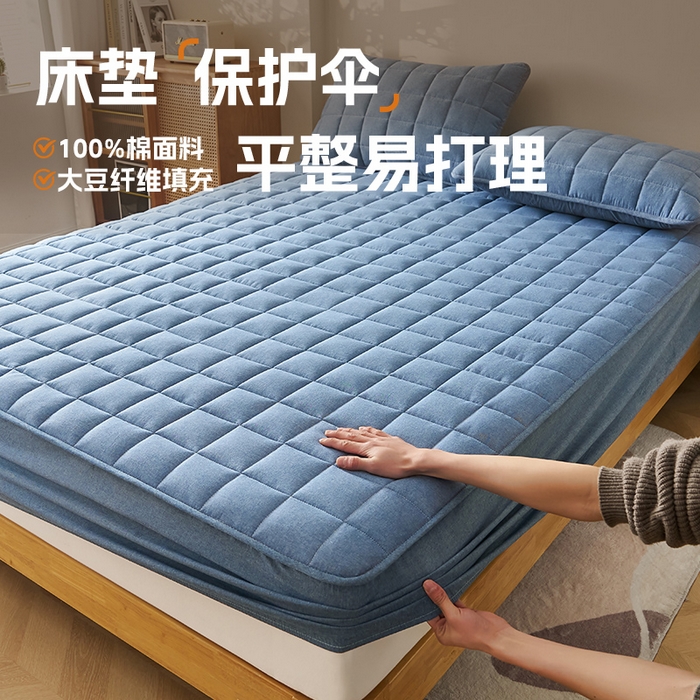 91家纺网 家纺一手货源 找家纺 锦丝钰床垫 2025春夏新款全棉色织水洗棉床笠 牛仔蓝