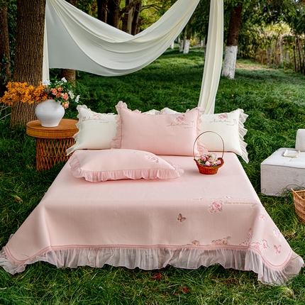 禾时 2025新款高端A类母婴级加密加厚450g品牌凉感丝啵啵面料床盖三件套夹棉床单 樱花粉