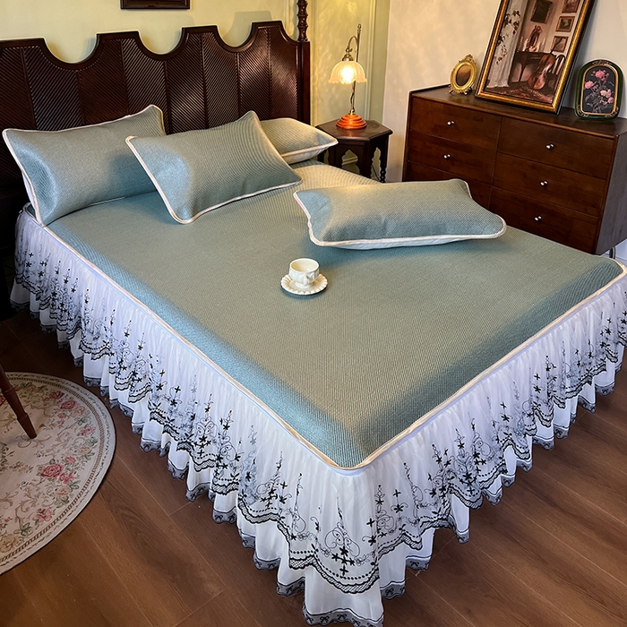 91家纺网 家纺一手货源 找家纺 网红馆（ck家纺） 2025新款可脱卸床裙款冰藤席-盛夏繁星 荷绿