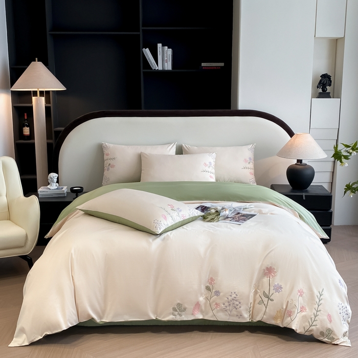 91家纺网 家纺一手货源 找家纺 桃园 2025新款纯棉全棉长绒棉刺绣绣花四件套-洛可可 白绿