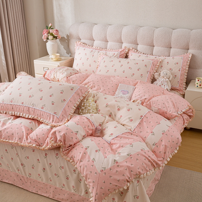 91家纺网 家纺一手货源 找家纺 皇谱家纺 新款韩版欧彩棉四件套磨毛直播爆款专版花型 郁金绮梦-粉