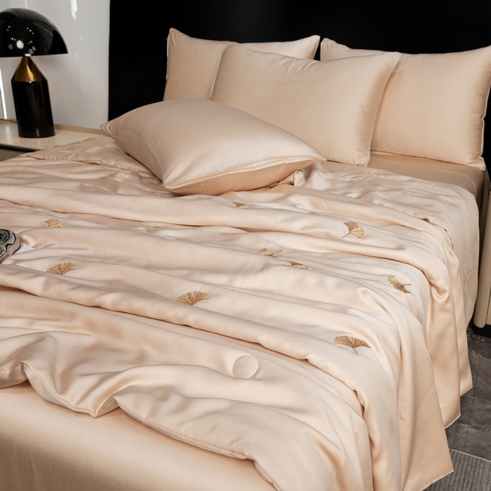91家纺网 家纺一手货源 找家纺 梦镜家纺 2025新款A类水洗真丝夏被四件套-银树叶 银树叶香槟