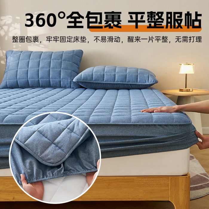 91家纺网 家纺一手货源 找家纺 锦丝钰床垫 2025春夏新款全棉色织水洗棉床笠 牛仔蓝