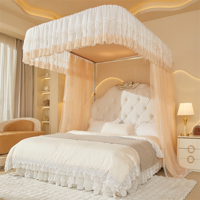 91家纺网 家纺一手货源 找家纺 迪凡保罗蚊帐 2025新款2513款双轨铝合金落地导轨蚊帐 杏仁色