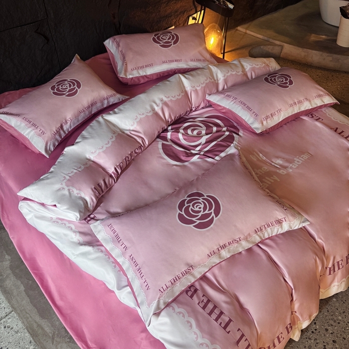 91家纺网 家纺一手货源 找家纺 丽斐纺织 2025新款冰丝四件套 白蕾粉茶