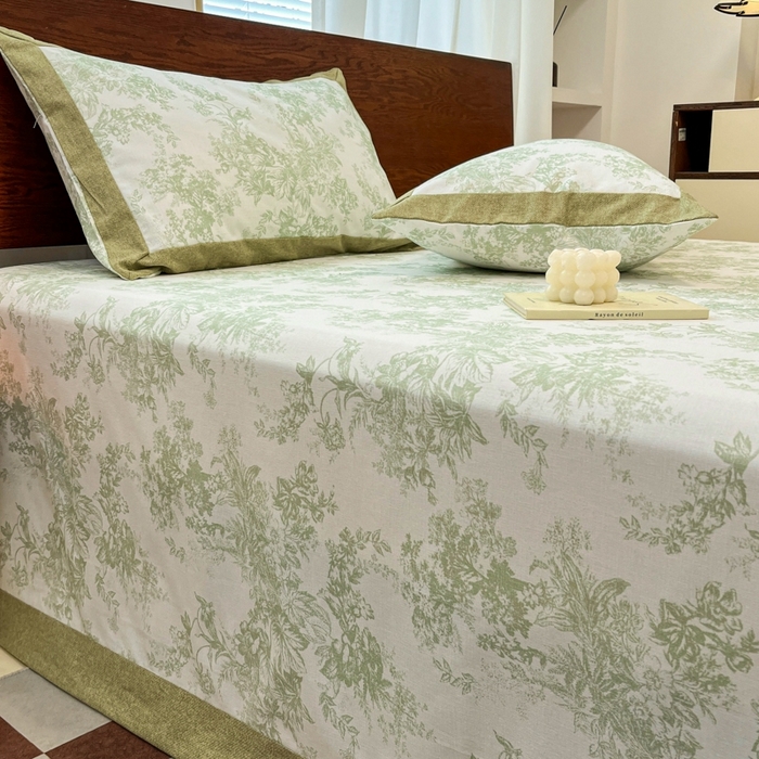 91家纺网 家纺一手货源 找家纺 宜代光年  2025新款全棉老粗布数码印花床单（拼角工艺） 绿蔓