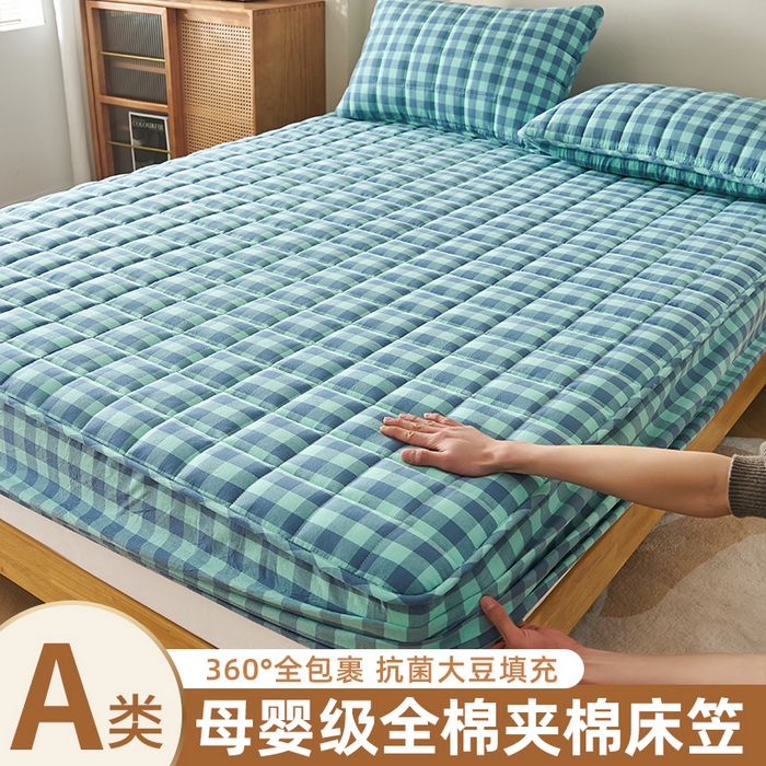 91家纺网 家纺一手货源 找家纺 锦丝钰床垫 2025春夏新款全棉色织水洗棉床笠 蓝绿中格