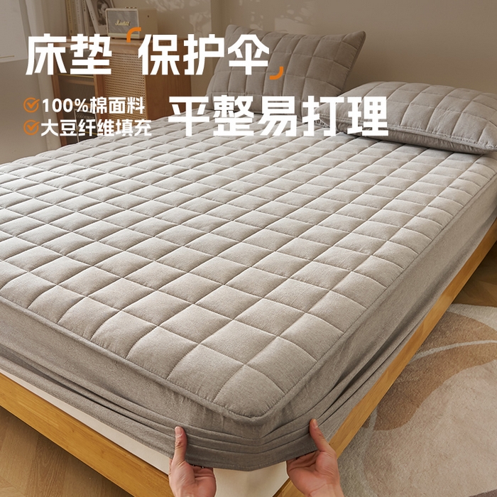 91家纺网 家纺一手货源 找家纺 锦丝钰床垫 2025春夏新款全棉色织水洗棉床笠 浅灰