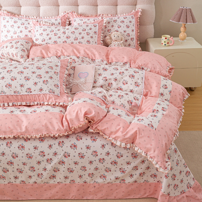 91家纺网 家纺一手货源 找家纺 皇谱家纺 新款韩版欧彩棉四件套磨毛直播爆款专版花型 小岛蔷薇-粉
