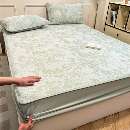 91家纺网 家纺一手货源 找家纺 宜代光年 2025新款冷凝丝可水洗提花凉感席-床笠款 床笠-凉感繁花-绿