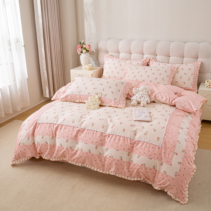 91家纺网 家纺一手货源 找家纺 皇谱家纺 新款韩版欧彩棉四件套磨毛直播爆款专版花型 郁金绮梦-粉