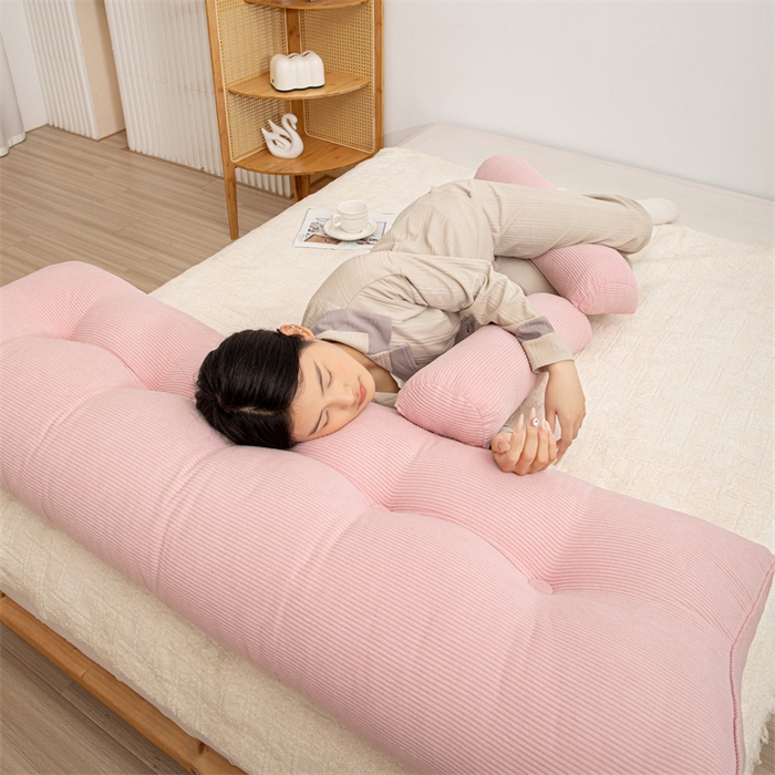 91家纺网 家纺一手货源 找家纺 沐沐家纺 2026新款灯芯绒三角靠背带头枕 樱花粉