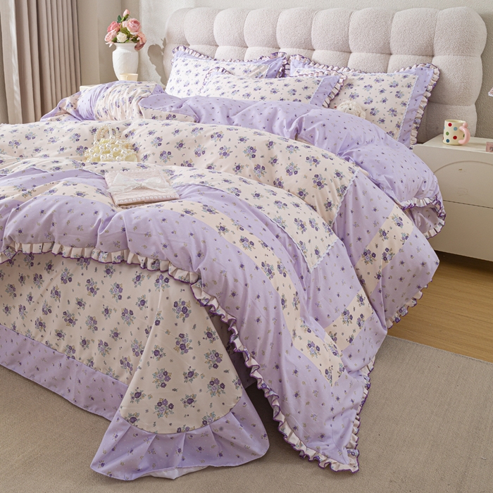 91家纺网 家纺一手货源 找家纺 皇谱家纺 新款韩版欧彩棉四件套磨毛直播爆款专版花型 小岛蔷薇-紫