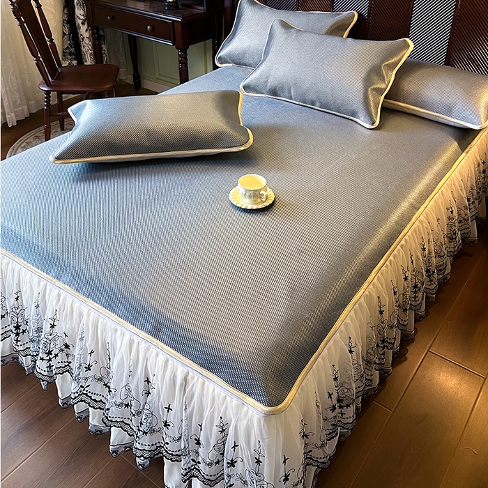 91家纺网 家纺一手货源 找家纺 网红馆（ck家纺） 2025新款可脱卸床裙款冰藤席-盛夏繁星 蓝灰