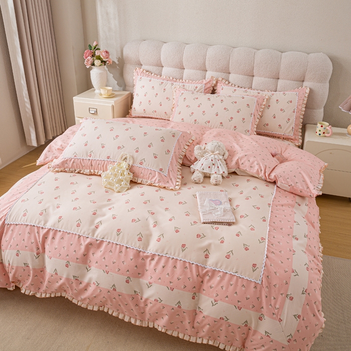 91家纺网 家纺一手货源 找家纺 皇谱家纺 新款韩版欧彩棉四件套磨毛直播爆款专版花型 郁金绮梦-粉